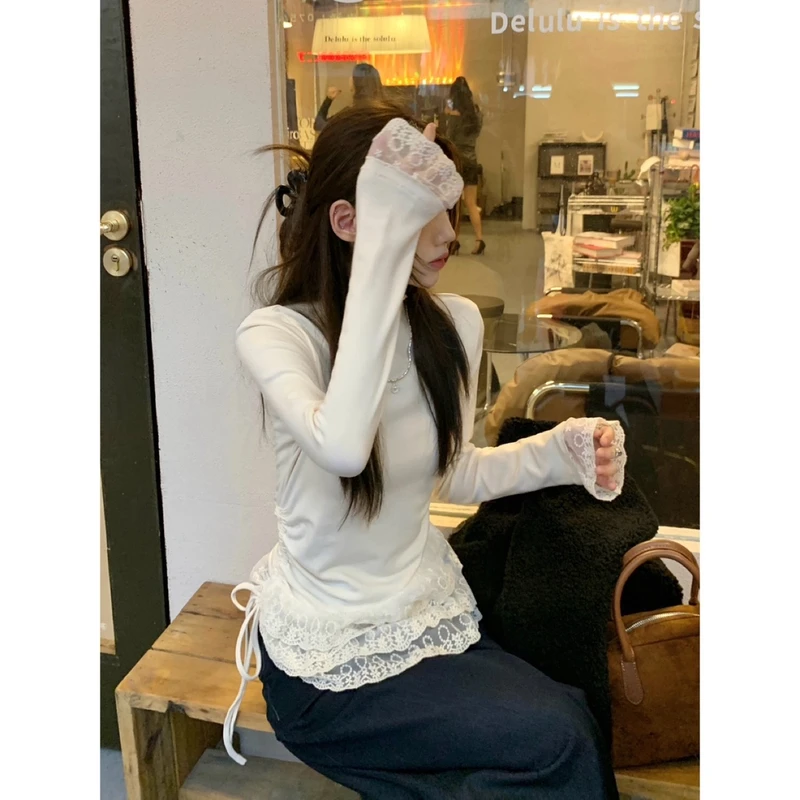 卡农氛围感满芬！法式设计感花边抽绳半高领秋冬内搭蕾丝打底上衣