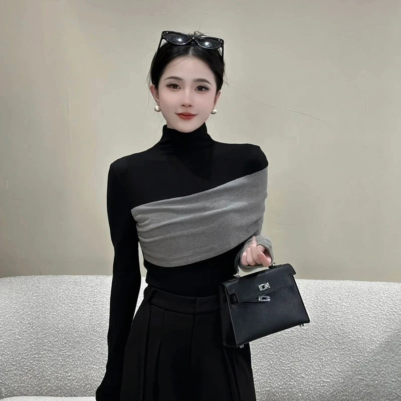 黑灰撞色拼接立领长袖t恤女秋季高级感洋气减龄修身百搭打底上衣