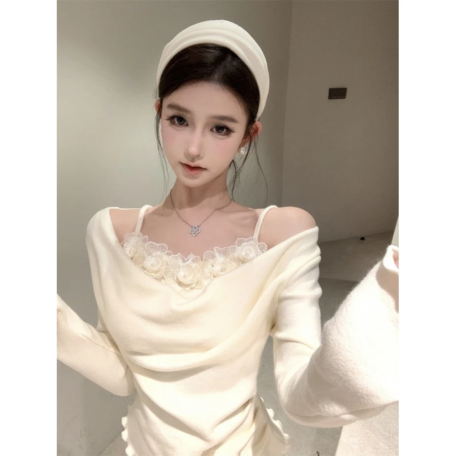 拼接假两件花朵吊带长袖针织衫女秋冬修身褶皱设计感短款绝美上衣