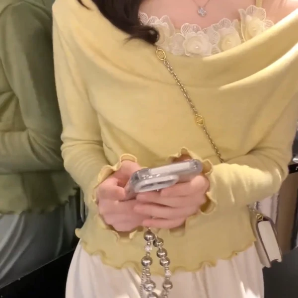 韩系小香风一字肩假两件长袖打底衫女秋季内搭小个子甜辣chic上衣