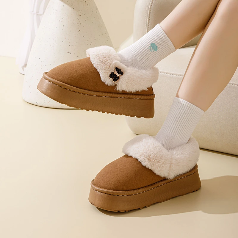 厚底毛绒棉拖鞋女冬季2024新款室内家居防滑保暖包跟雪地靴女外穿
