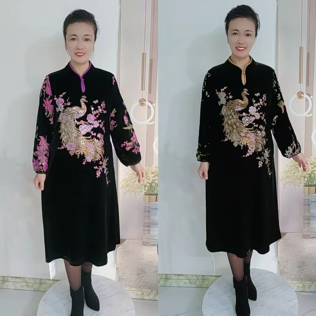 时尚韩版钻石绒旗袍领连衣裙