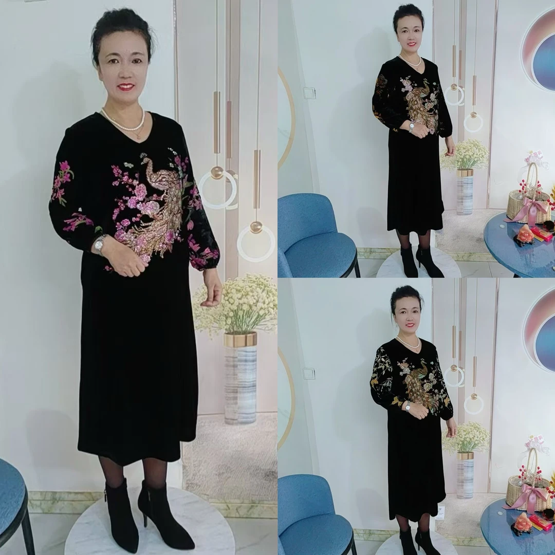 新款V领钻石绒连衣裙8605款