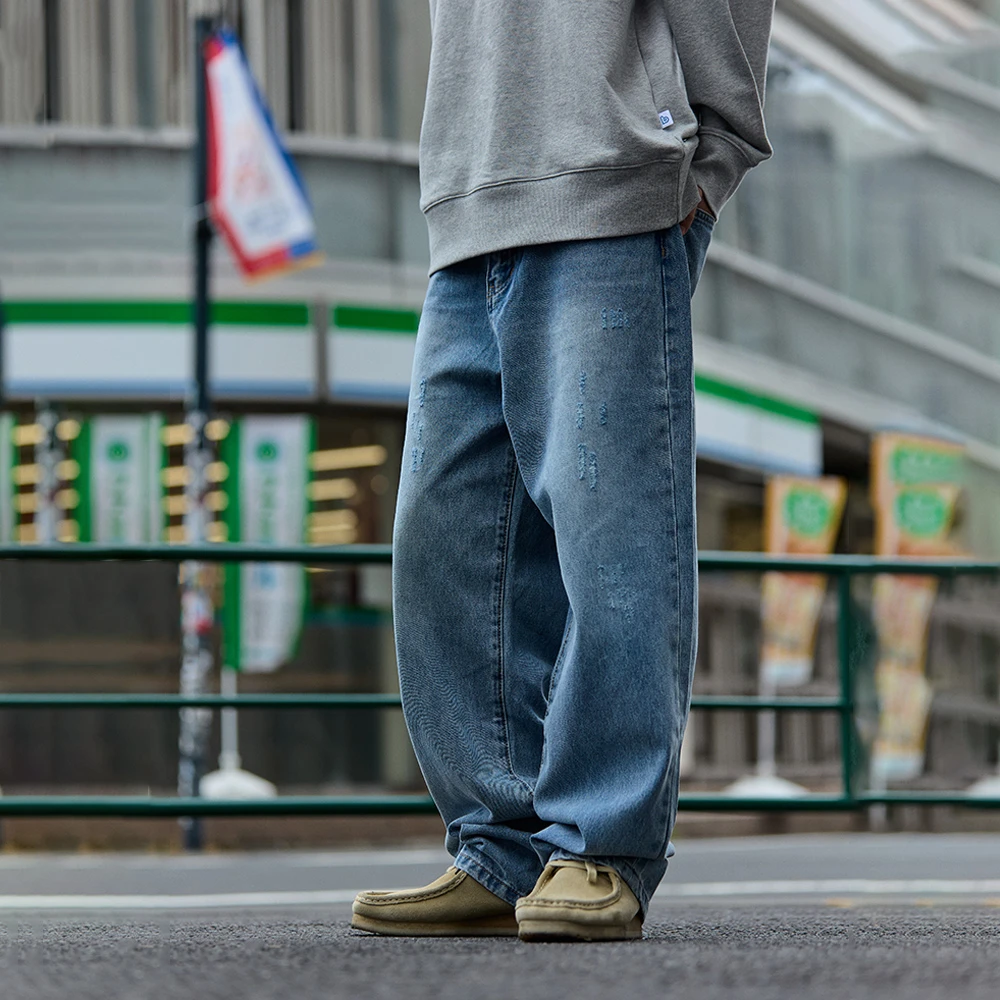 BENT IDEA 2023秋冬新款 复古水洗磨破直筒休闲牛仔长裤工装裤男