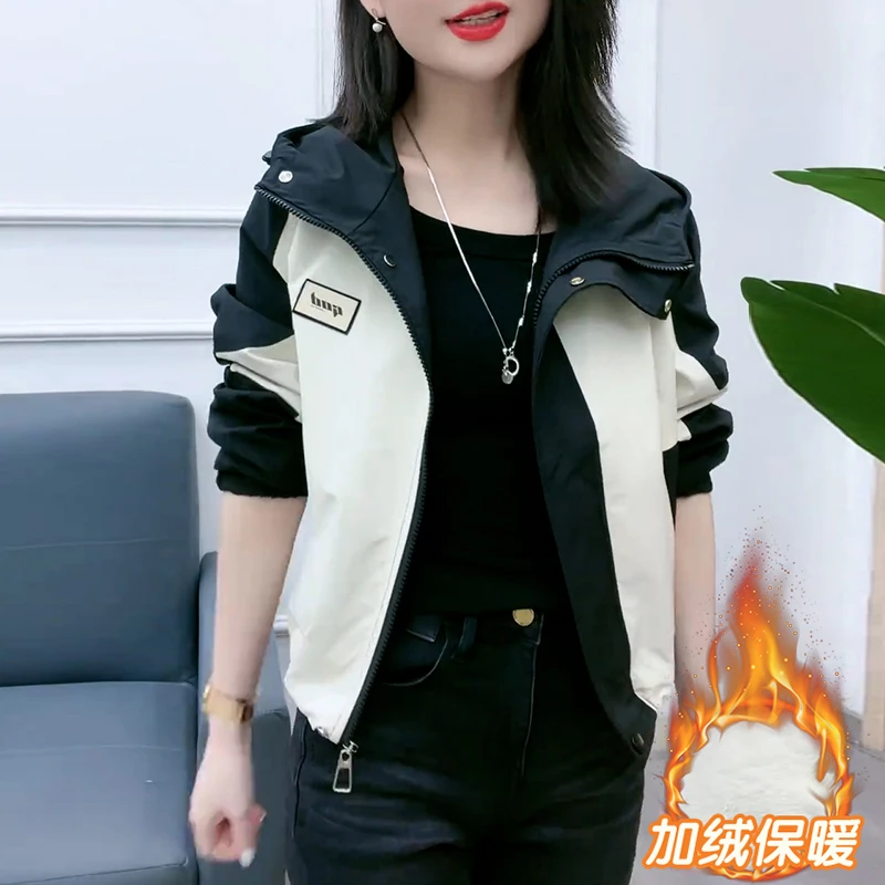 加绒加厚连帽工装风衣2024年短外套女秋冬季拼接减龄休闲宽松外套
