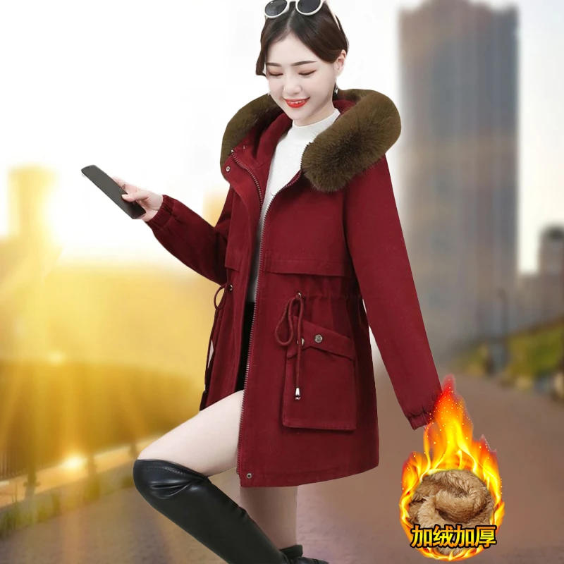 派克中长款棉服冬季2024新款女装宽松加绒棉衣羊羔绒棉袄加厚外套