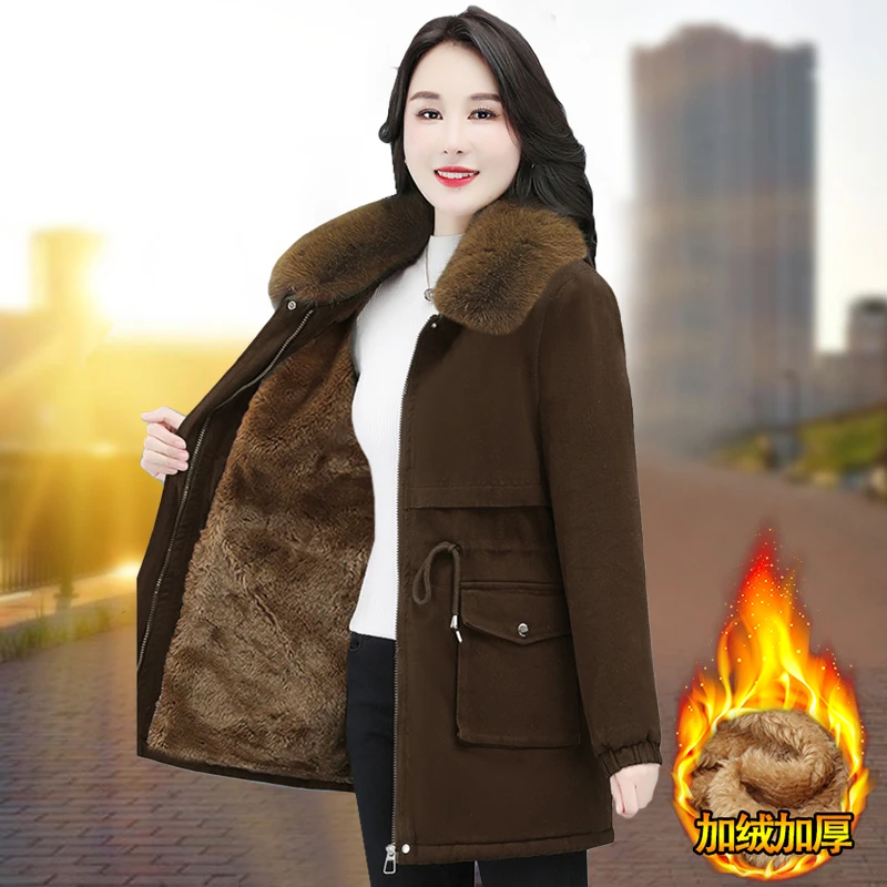 派克中长款棉服冬季2023新款女装宽松加绒棉衣羊羔绒棉袄加厚外套