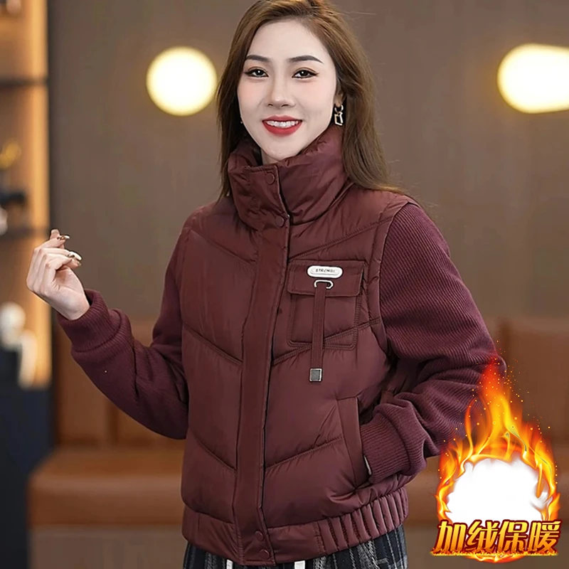 小个子休闲加厚棉服女2024年冬季新款拼接假两件百搭棉衣短外套潮