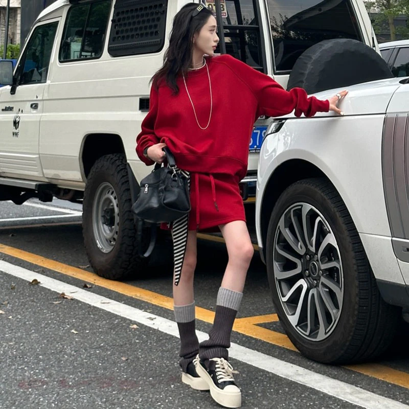 高含棉休闲时尚百搭卫衣套装女2024年秋季新款宽松显瘦短裙两件套