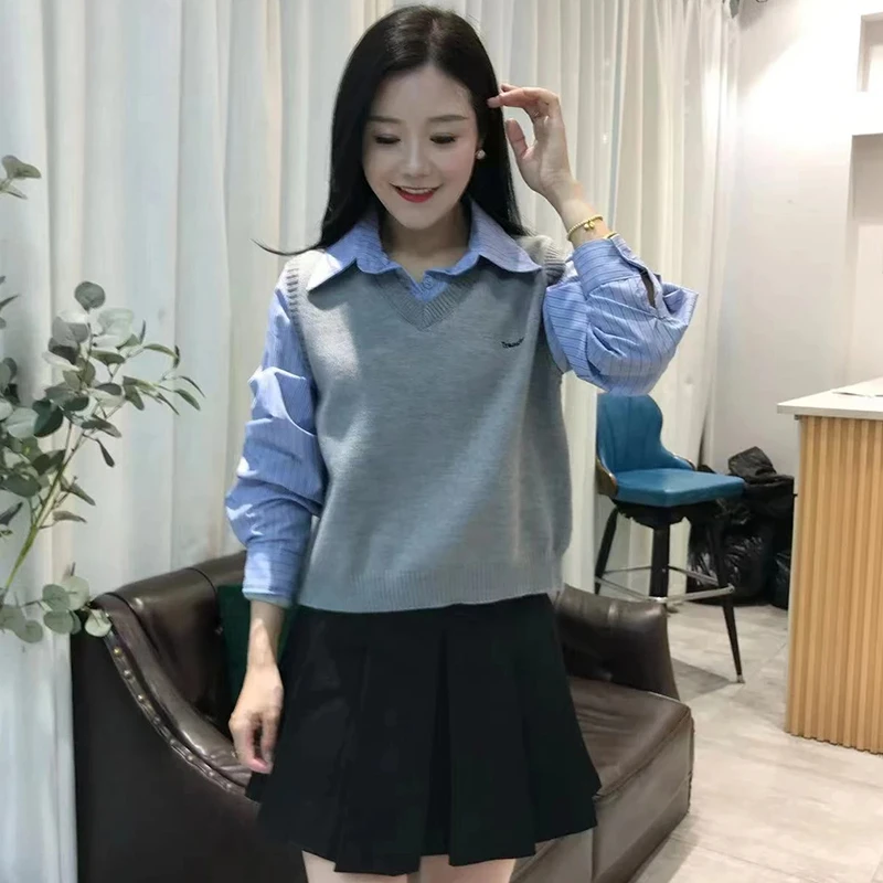 时尚polo领假两件衬衫女2024年秋季新款针织马甲拼接休闲长袖上衣