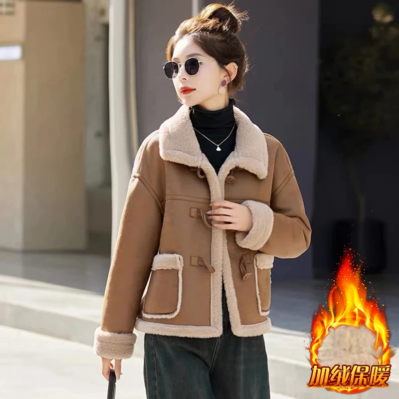 2024年冬季新款皮毛一体加绒加厚短外套女宽松慵懒风休闲保暖上衣