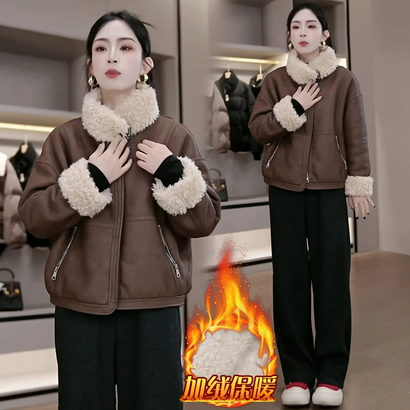 法式高级感小个子皮毛一体短外套女2024冬季新款加绒加厚翻领上衣