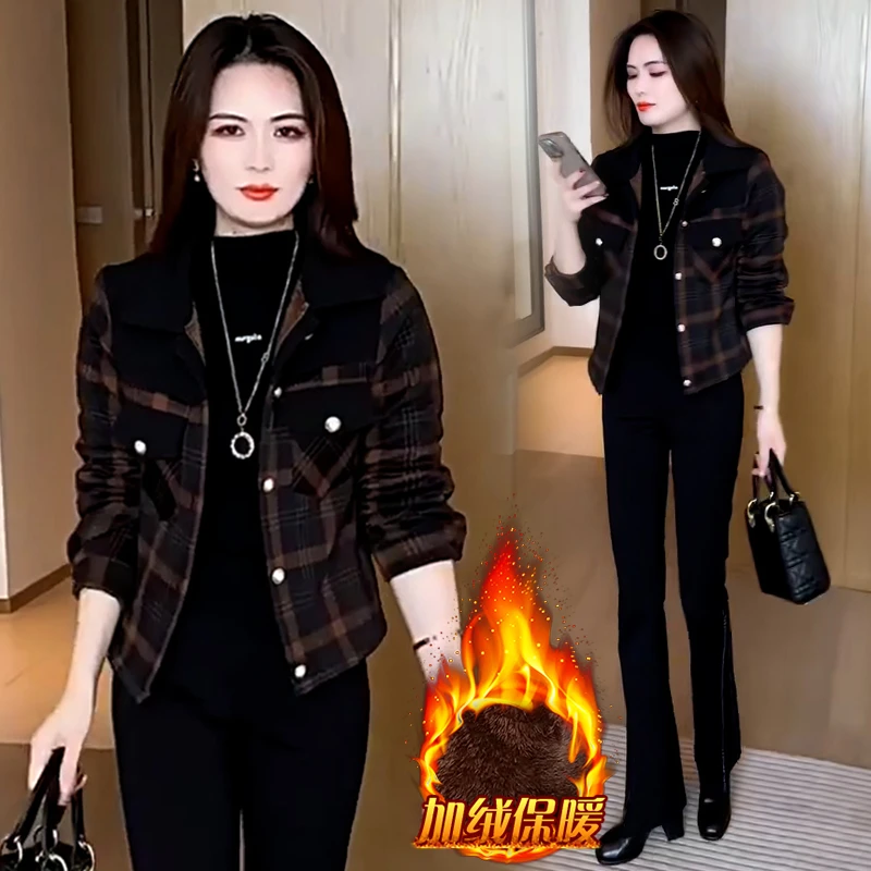 加绒加厚格纹拼接短外套女2024年秋冬新款韩版洋气质显瘦休闲上衣