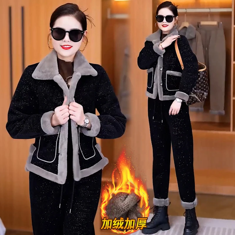 加绒加厚休闲套装女2024冬季新款时尚洋气时髦小个子外套两件套