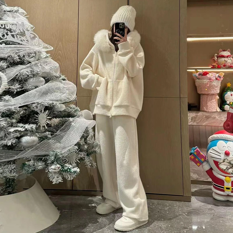 慵懒风休闲时尚套装女2024冬季新款韩版毛领连帽卫衣阔腿裤两件套