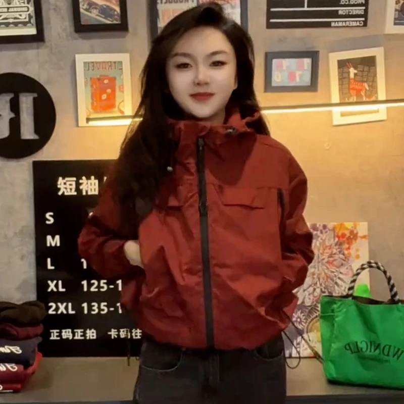韩版连帽拉链冲锋衣夹克女2024年秋季新款宽松棒球服大口袋外套潮