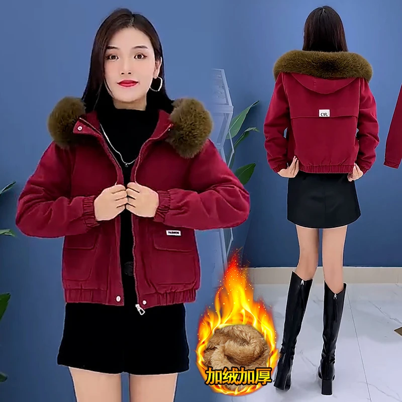 加绒加厚派克服女2024年冬季新款时尚大毛领棉服韩版宽松保暖外套