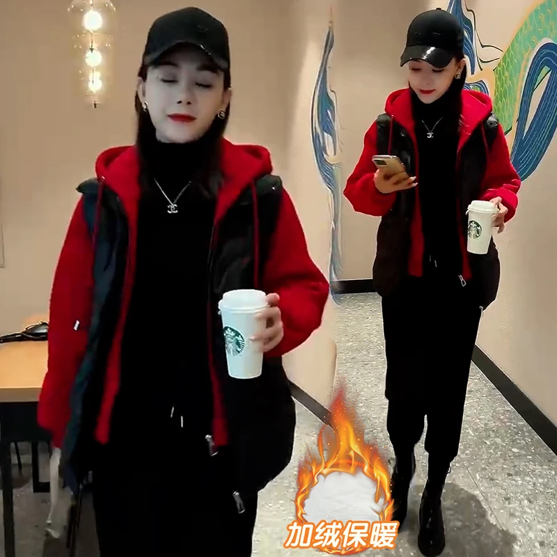 加绒加厚假两件棉服女2024年冬季新款宽松休闲拼接棉衣棉袄外套女