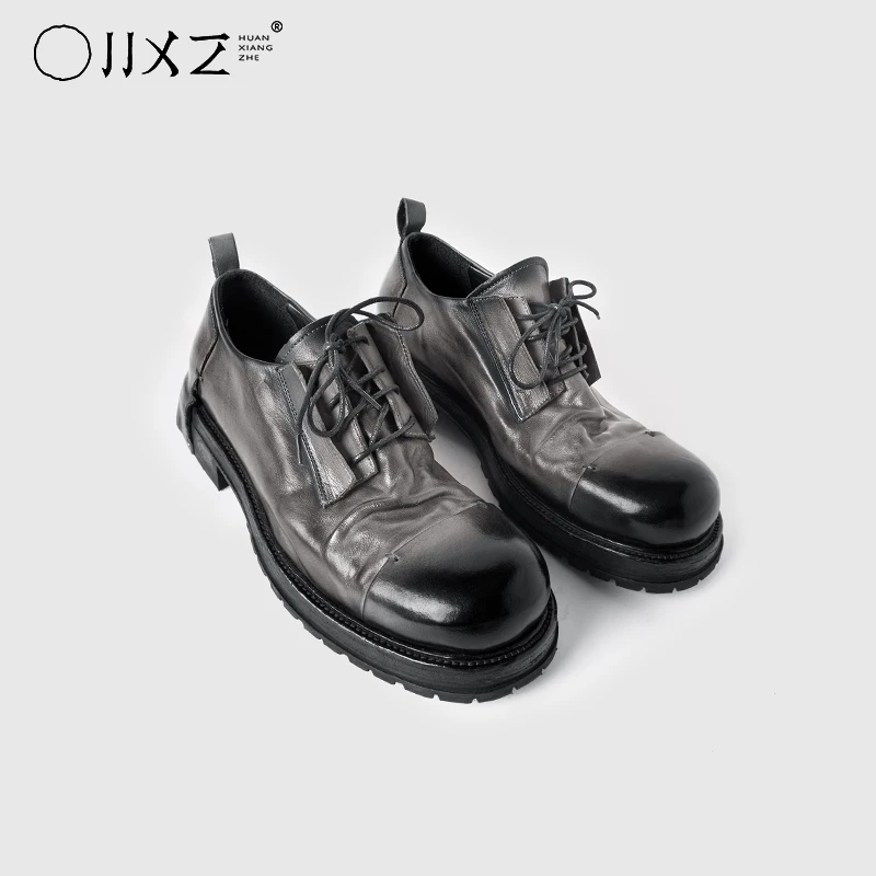 幻象者原创设计感真皮底手工皮鞋圆头渐变厚底牛皮休闲德比鞋男