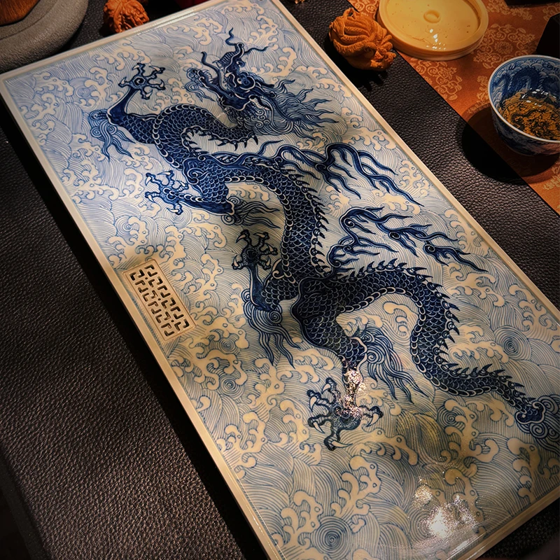 景德镇纯手工青花海水龙纹鱼藻干泡盘茶盘重工满绘高端茶室泡茶台