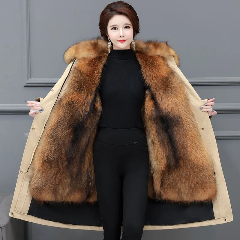 海宁派克服女狐狸毛长款加绒加厚皮毛一体可拆卸内胆冬季保暖外套