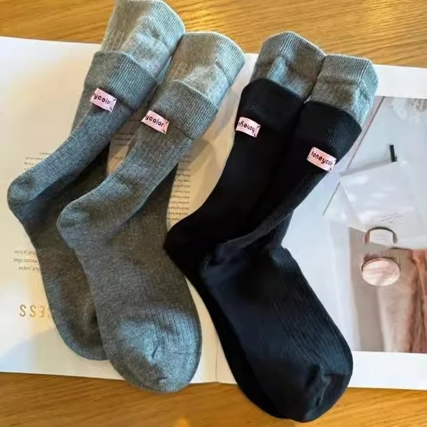 韩版春秋双层拼色后跟布标中筒袜子女网红爆款潮流时尚百搭堆堆袜