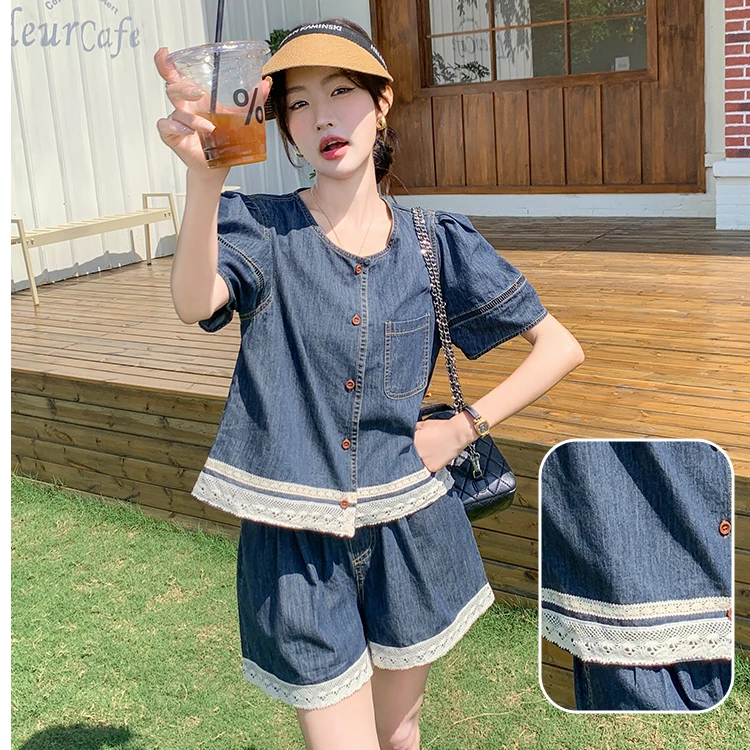 复古减龄今年流行牛仔套装女夏季2025新款蕾丝拼接短裤两件套605#