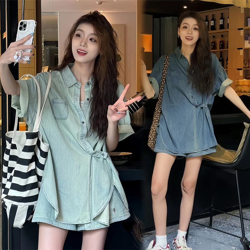 8-65牛仔套装裤女夏季薄款高级感酷飒拽姐短裤宽松两件套