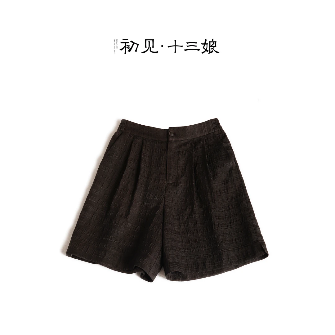 初见十三娘『苏禾』中式国风重磅真丝香云纱黑色短裤复古百搭气质