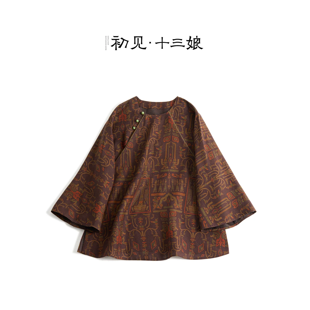 初见十三娘『钟鸣』100桑蚕丝莨纱花罗新中式国风百搭上衣气质日常