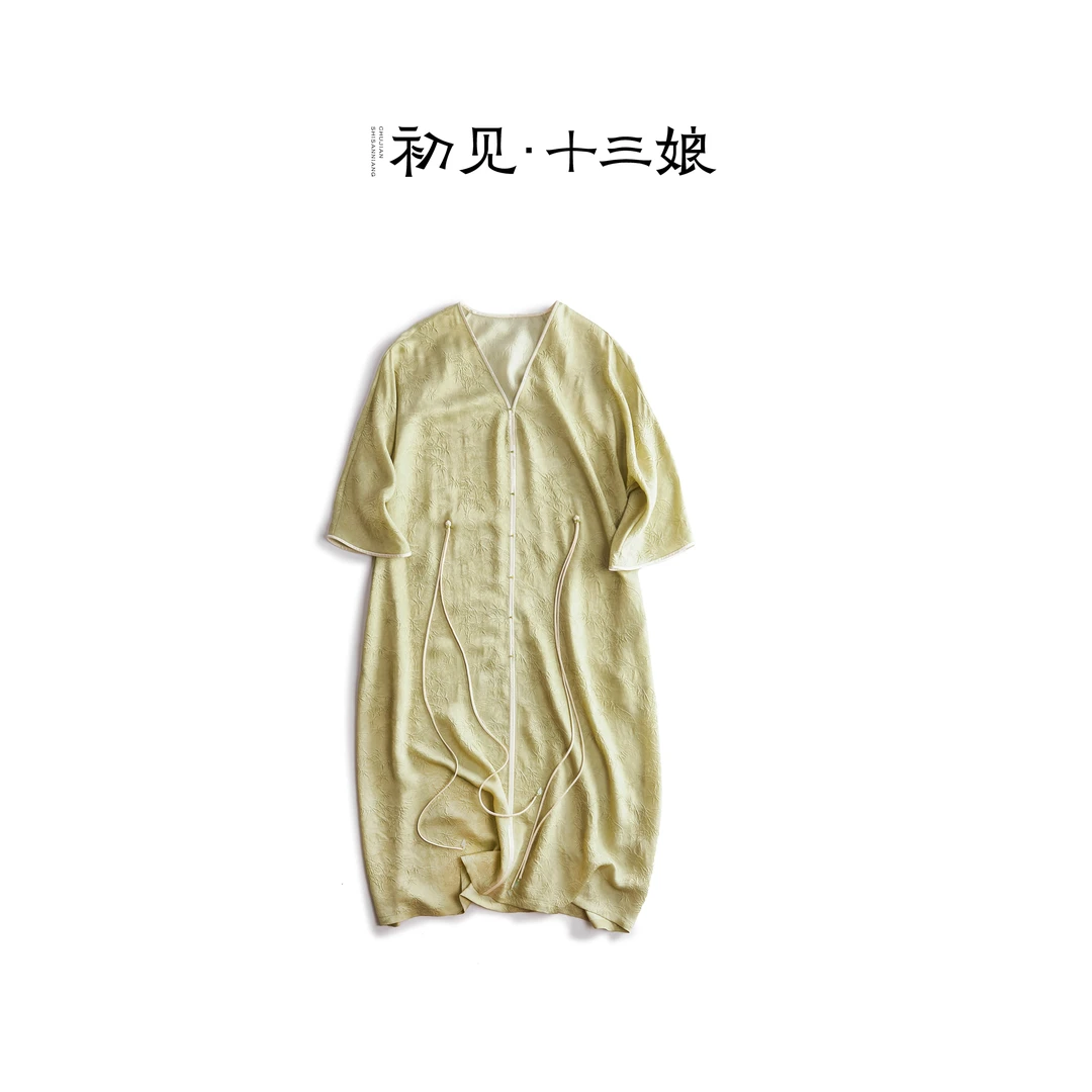 初见十三娘『唯泽』复古中式国风桑蚕丝薄款长款显瘦时尚连衣裙