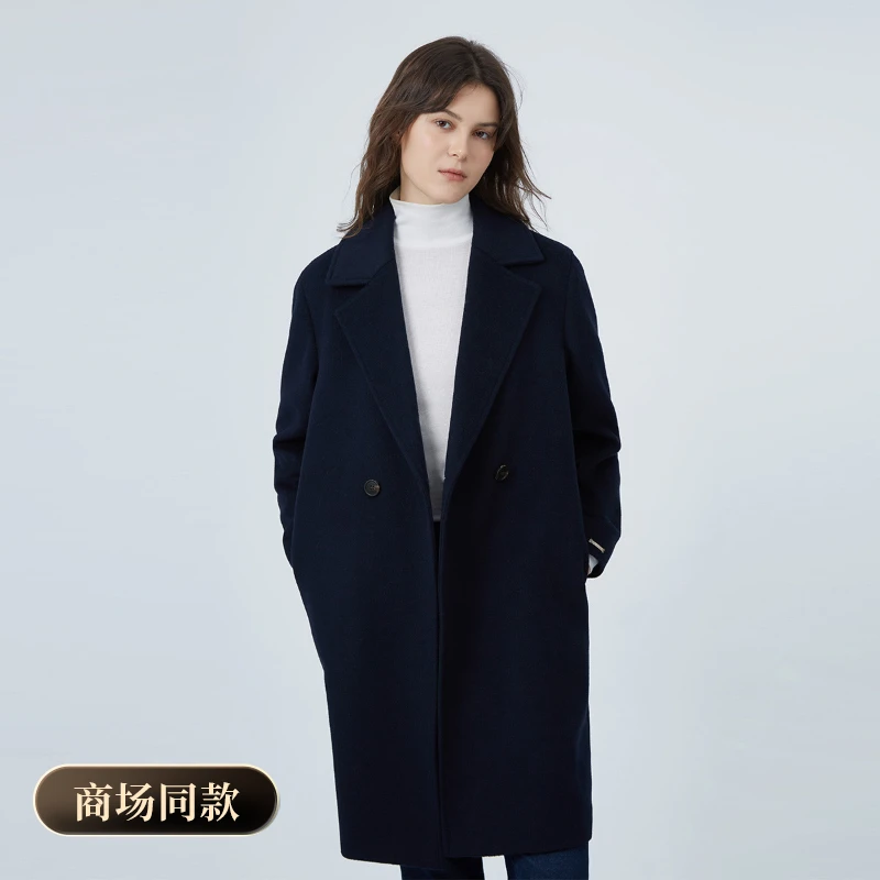 【含绵羊毛】暇步士女装秋季气质简约中长款厚款毛呢大衣HY-22524D