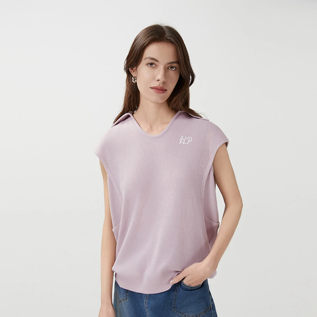 【柔韧华夫格】暇步士女装夏季V领无袖微阔透气短袖T恤HDPWA243011