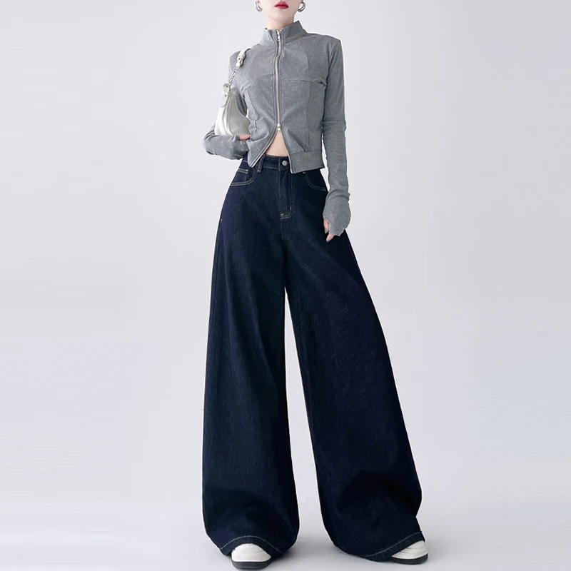 慵懒风通勤垂感阔腿牛仔裤女春秋季新款遮肉显瘦直筒拖地牛仔裤