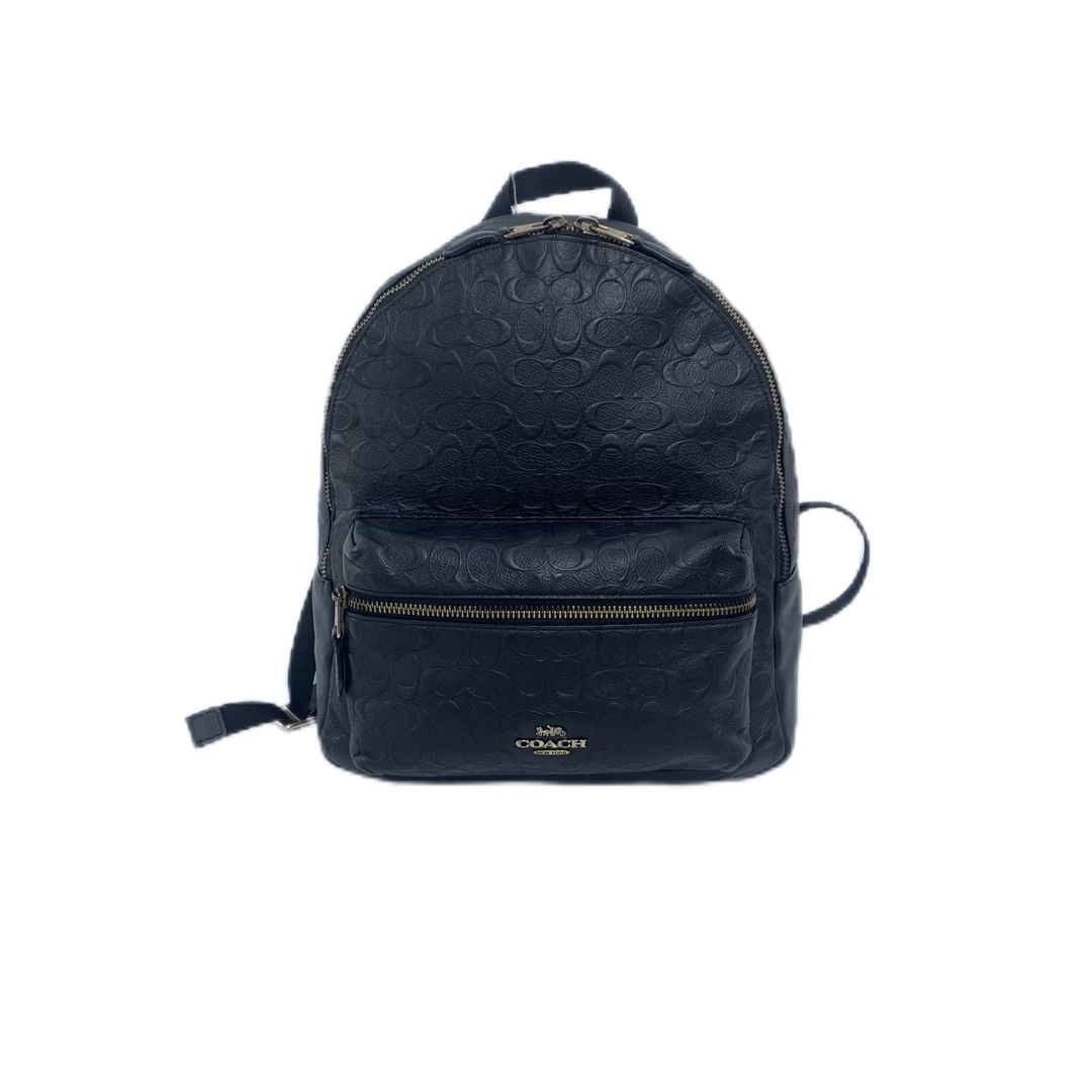 95新 COACH/蔻驰 黑色全皮压花中号双肩背包 AF-649-D