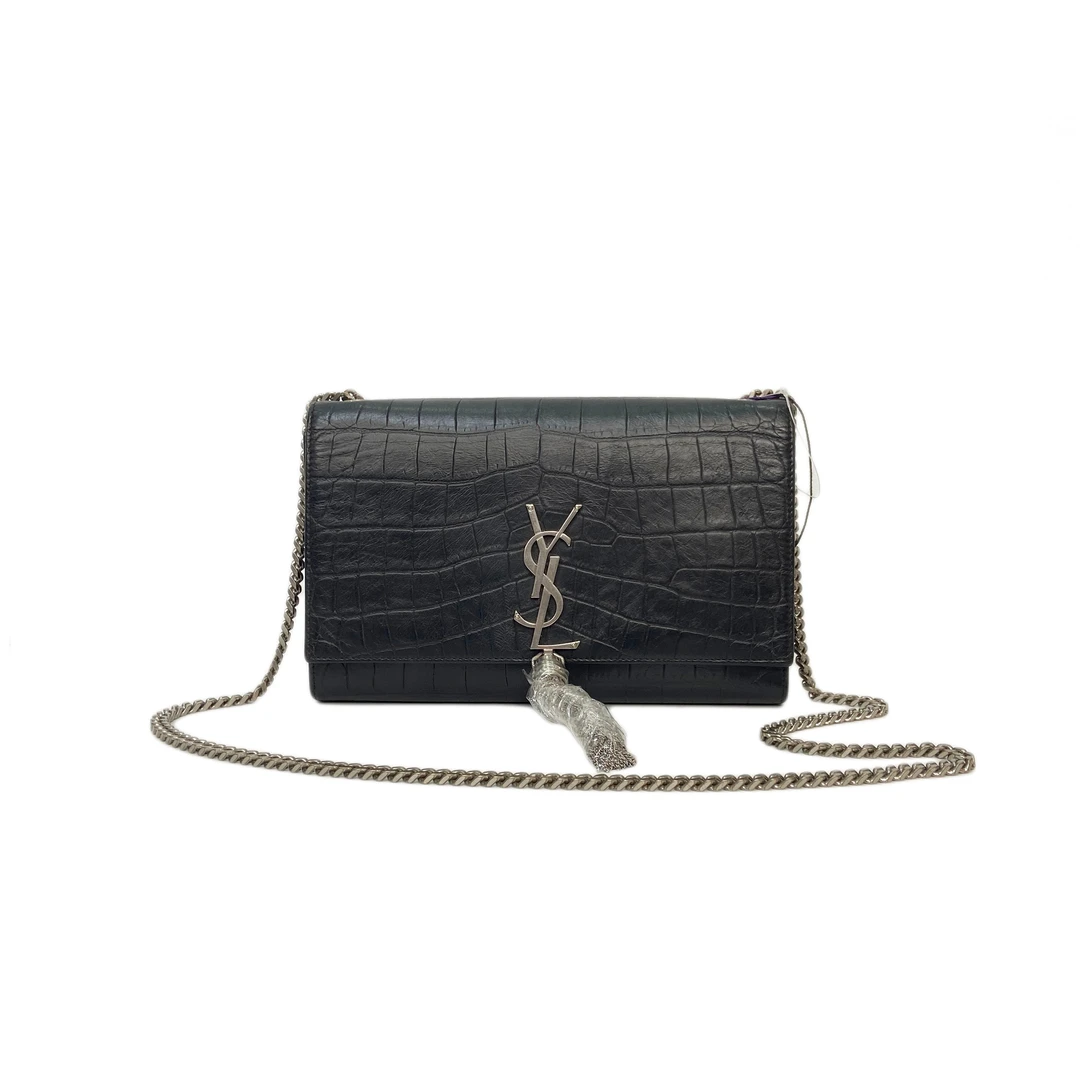 95新 YSL/圣罗兰 黑色鳄鱼压纹银扣流苏单肩链条包 2304Y006