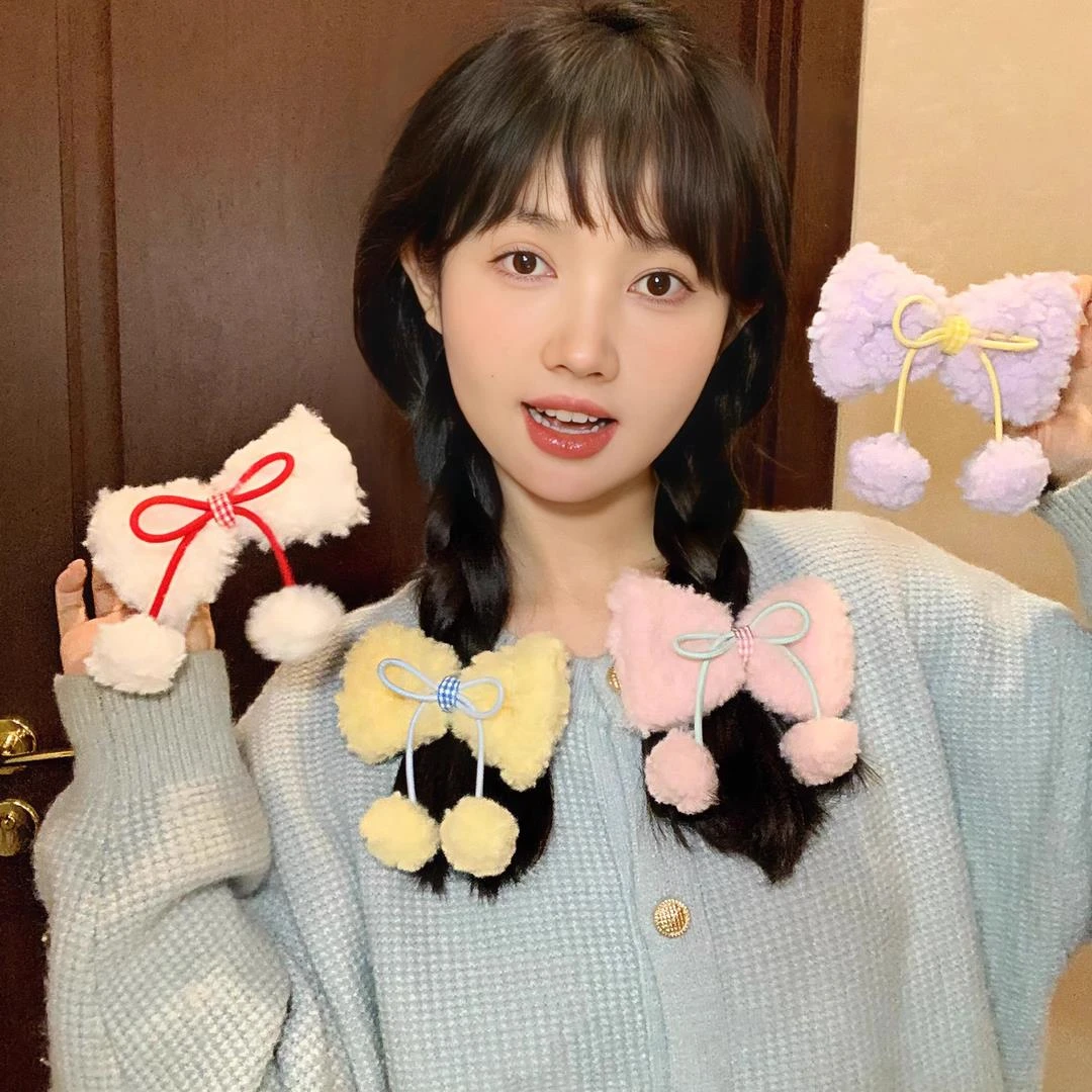 奶油泡芙撞色羊羔毛蝴蝶结发夹子可爱少女甜妹球球夹超仙甜美日系