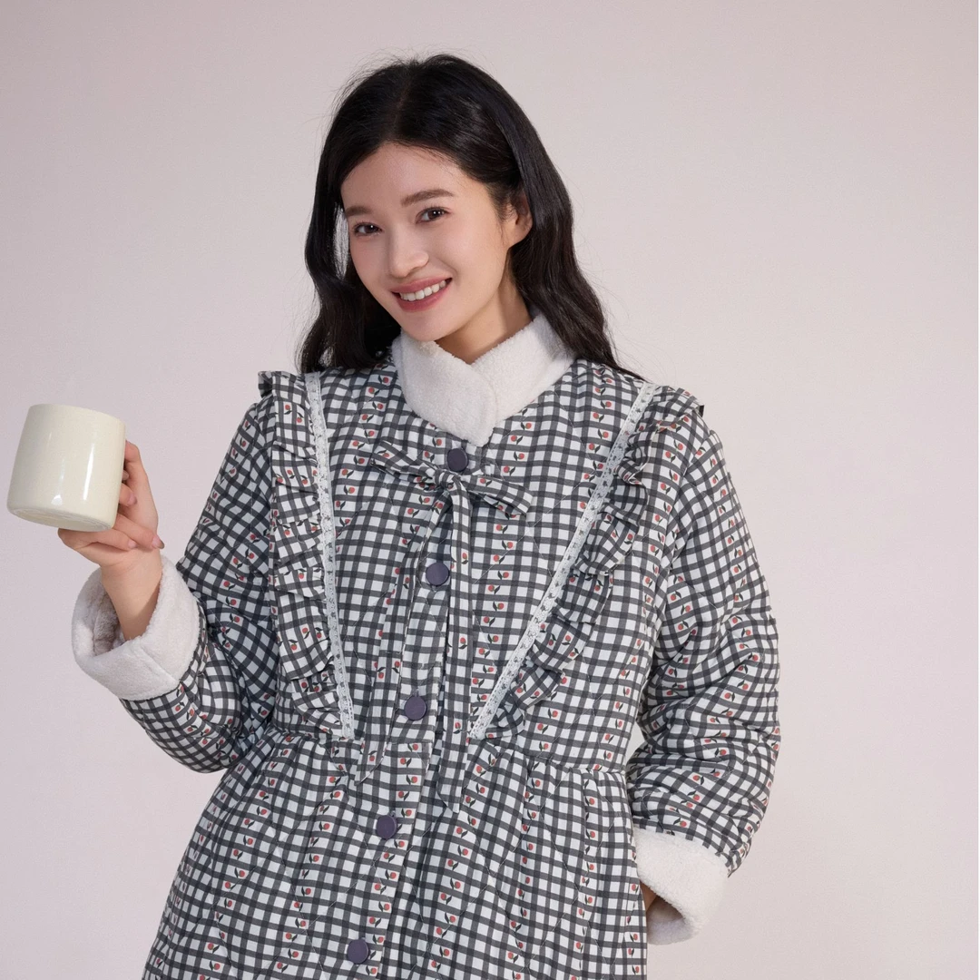 韩里韩气格纹樱桃 三层夹棉加厚睡袍家居服可外穿YS