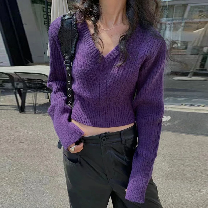 紫色V领短款毛衣女长袖秋冬设计感百搭显瘦时尚百搭针织衫上衣