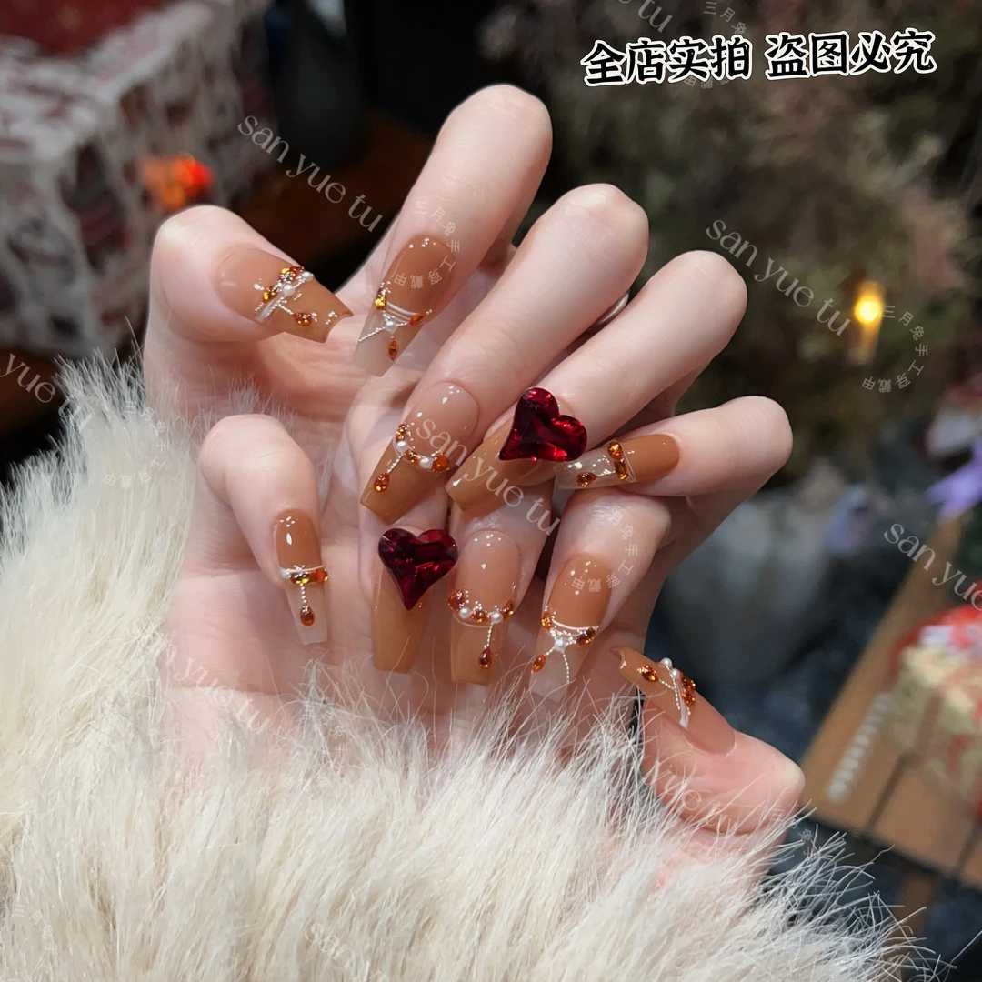 敦煌飞天-三月兔定制东洲水晶手绘高位法式可拆卸美甲牢固穿戴甲