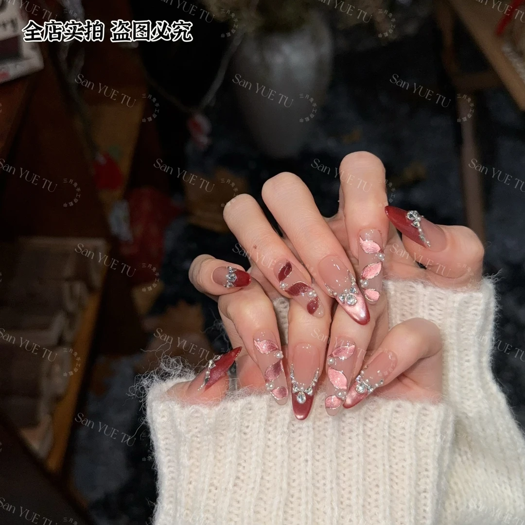 妃子笑-三月兔【设计师穿戴甲】手绘红色跨年可拆卸美甲牢固穿戴甲