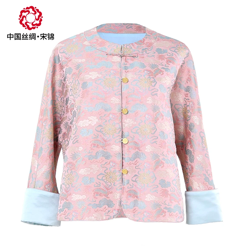 中国丝绸宋锦【毛明山蓝粉麒麟 对襟上衣】新中式国风百搭正品女装
