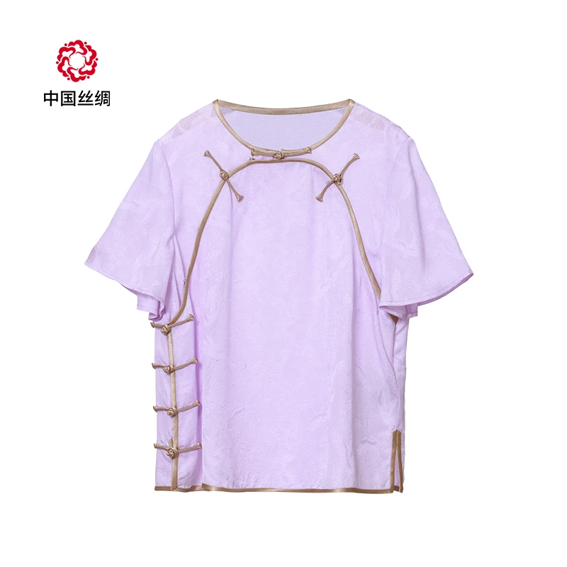 中国丝绸 |【白鹤双飞双浅紫色罗圆襟上衣】定制专拍宋锦面料成衣