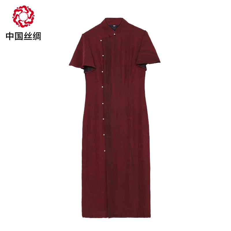 中国丝绸隆鹊【红色素绉缎香云纱】新中式国风时尚短袖一举夺魁旗袍