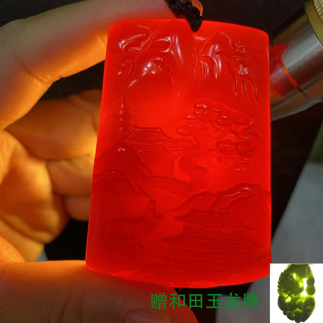 高端奢华成功男士牛血红山水牌吊坠-2-赠龙牌S抖音基地发货玛瑙