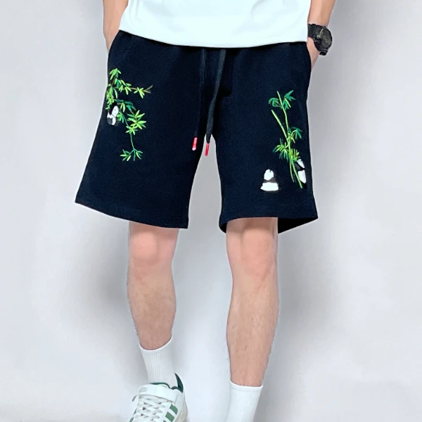国潮重工刺绣休闲短裤男士夏季潮牌宽松大码中裤子外穿五分大裤衩