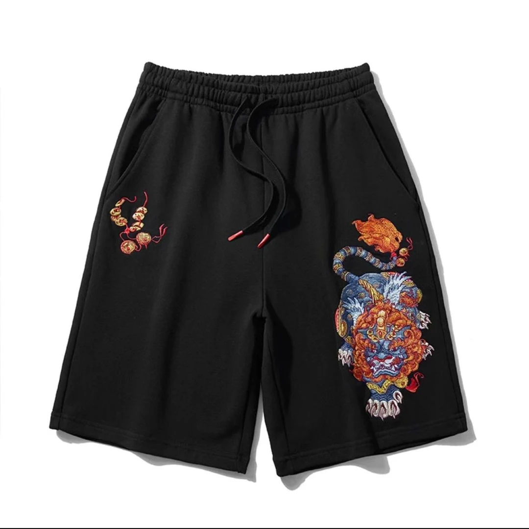（貔貅刺绣）2023新潮纯棉短裤男夏季直筒宽松外穿运动五分裤男女