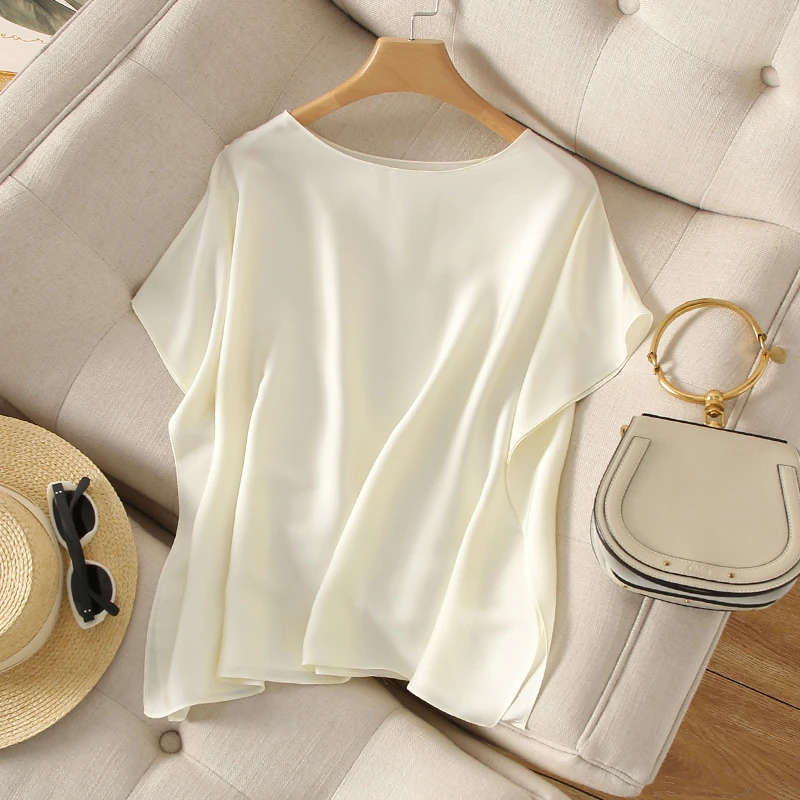 夏季桑蚕丝蝙蝠上衣圆领气质显瘦纯色打底衫宽松时尚衬衣