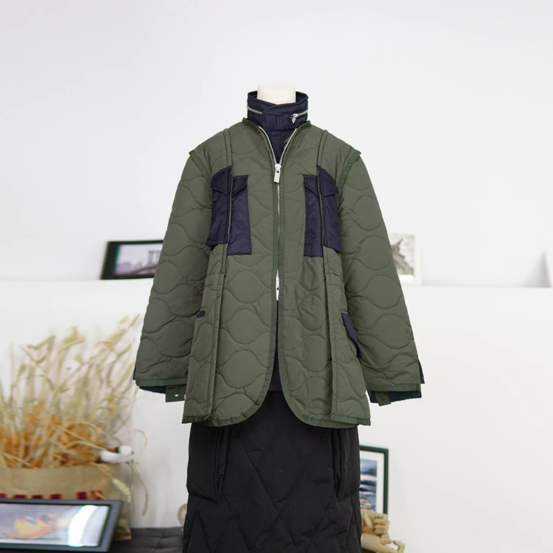 拼接设计棉服外套时尚大口袋圆领夹棉舒适