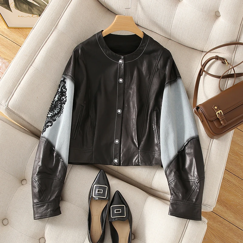 秋季女外套时尚短款宽松休闲百搭上衣真皮女外套